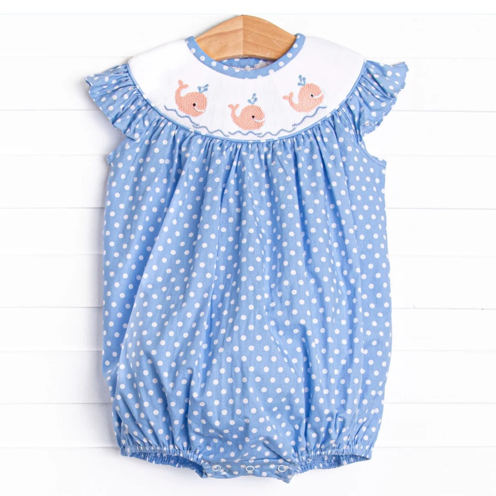 Stitchy Fish Smocked Whale Blue Polka Dot Bubble Sz 6m NWOT